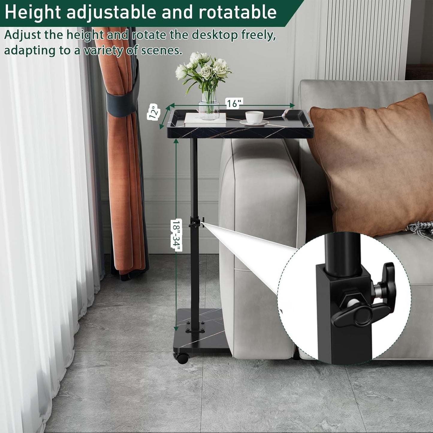 C Table End Table Adjustable Height, 360°Swivel TV Tray Table for Small Spaces, Couch Tables That Slide Under, C Shaped Side Tables Living Room and Bedroom for Sofa, Bed,Chair, Snack (Black)