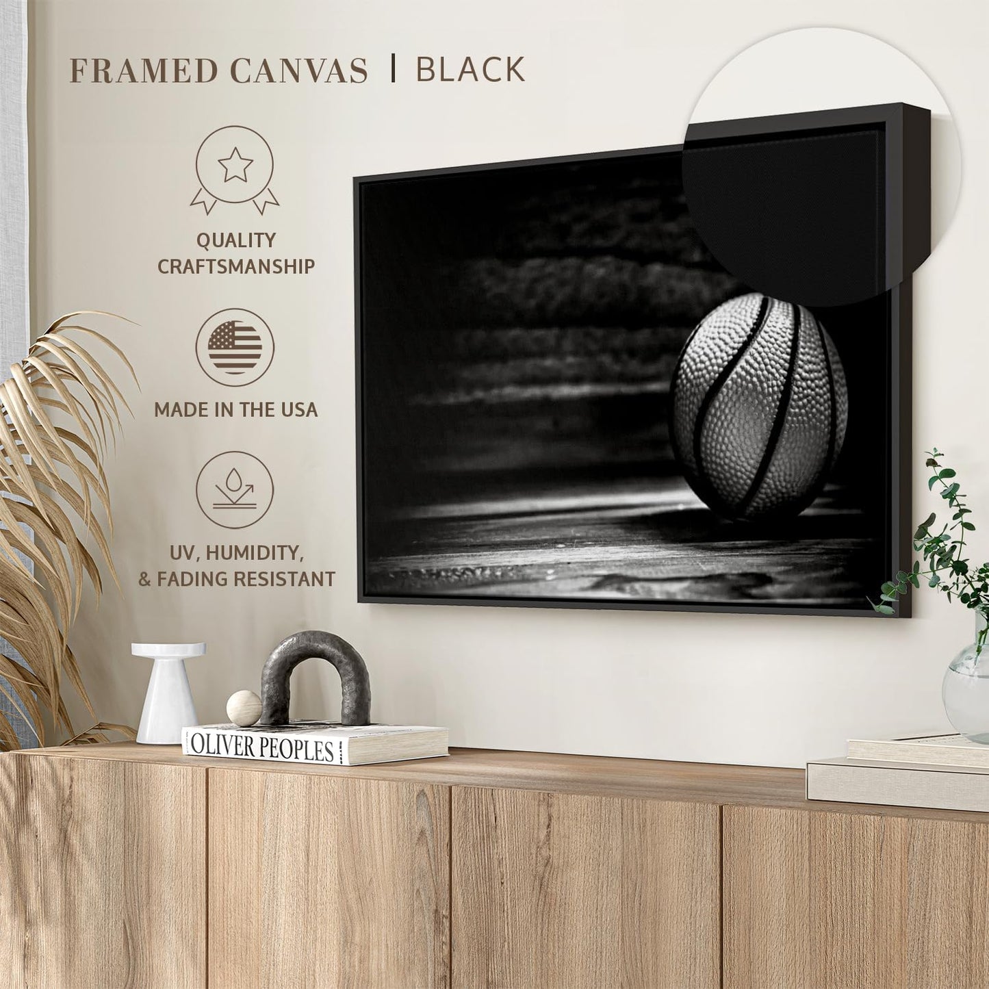 ElephantStock Basketball Wall Art - Horizontal Framed Canvas - 1-Piece Hallway Wall Decor - Photography sports Canvas Print - Black and Gray Decor for Wall - 37" X 25"