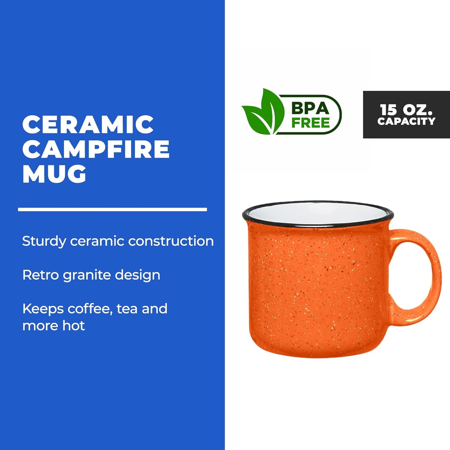 Set of 16 Ceramic Campfire Mugs – 15 Oz, Orange – Coffee & Tea Cups for Home, Work, Travel, Camping – Customizable, Great for DIY, Events, Companies