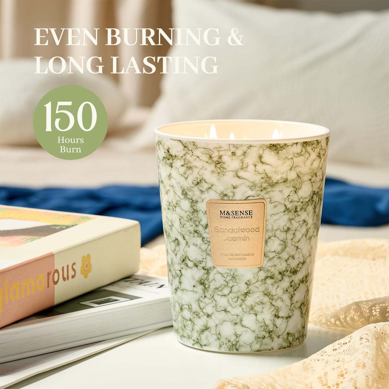 M&SENSE Sandalwood Jasmine Scented Candles for Home, 3-Wick Highly Scented Jar Candles, Extra Large Candle 35 Oz 150 Hours Long Lasting Burning, Relaxing Aromatherapy Candle for Stress Relief