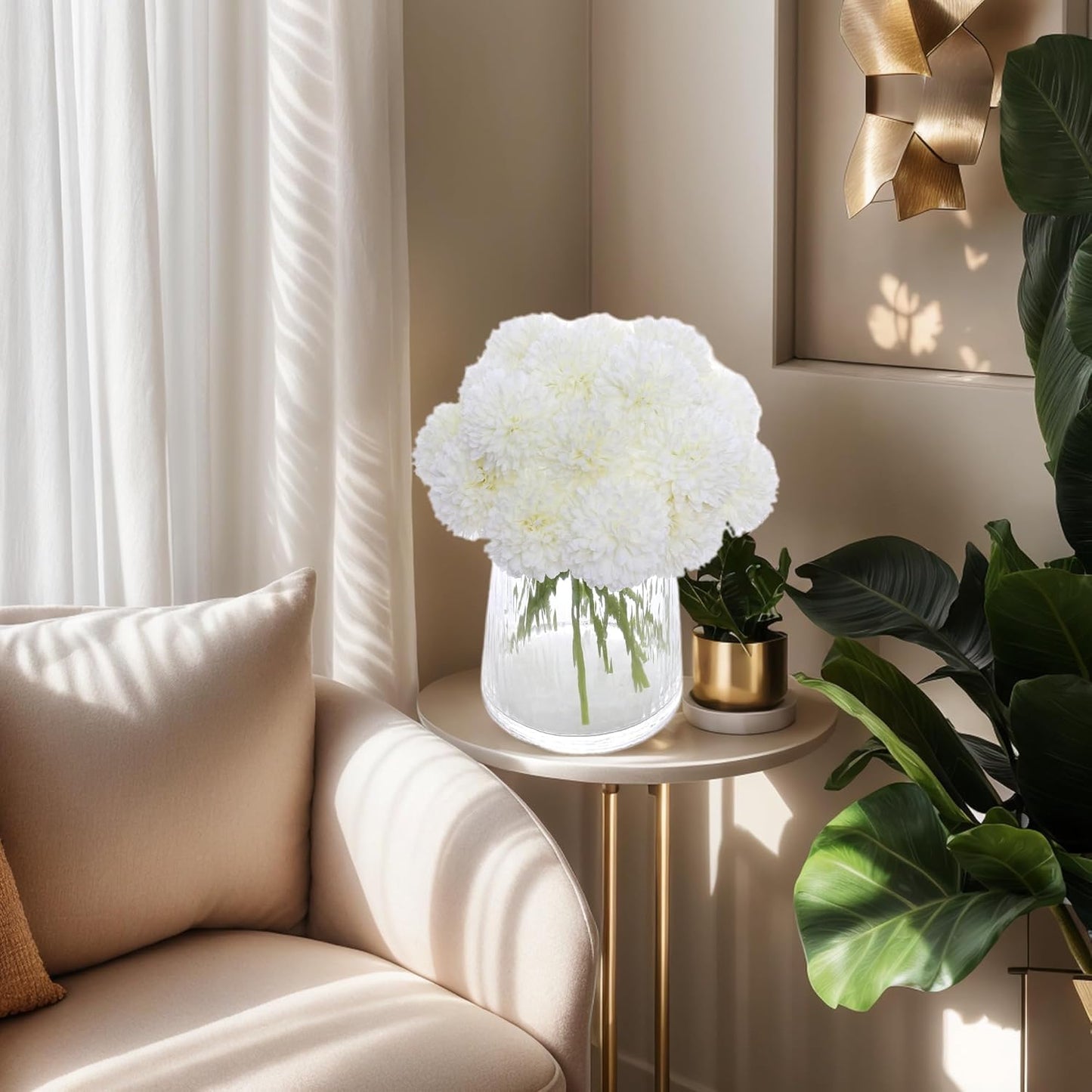 Kimura's Cabin 20Pcs Fake White Flowers Artificial Chrysanthemums Ball Flower Faux Silk Mums Flowers for Wedding Party Home Kitchen Table Core Decoration DIY Bouquets (White)