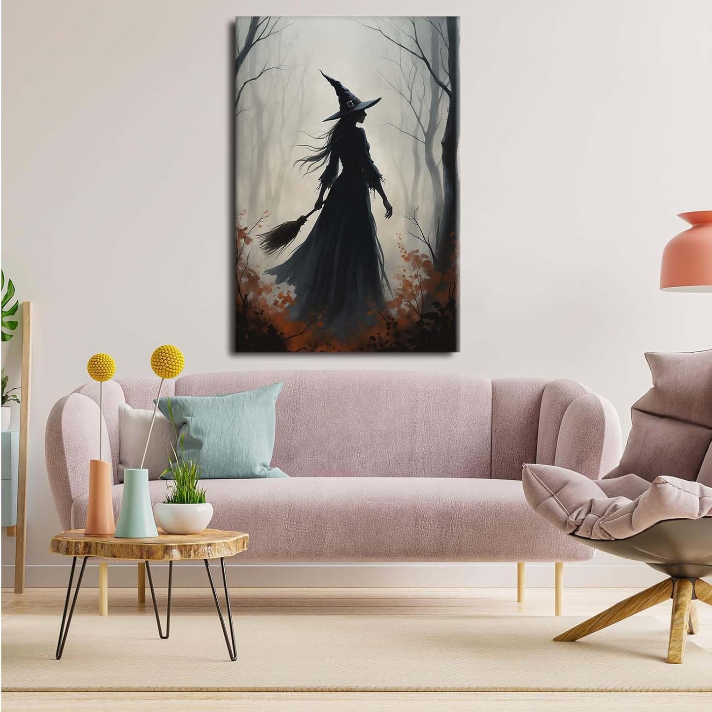 Vintage forest witch silhouette poster Halloween mural poster decoration mural art magic suitable for home living room bedroom16x24in Wood Framed