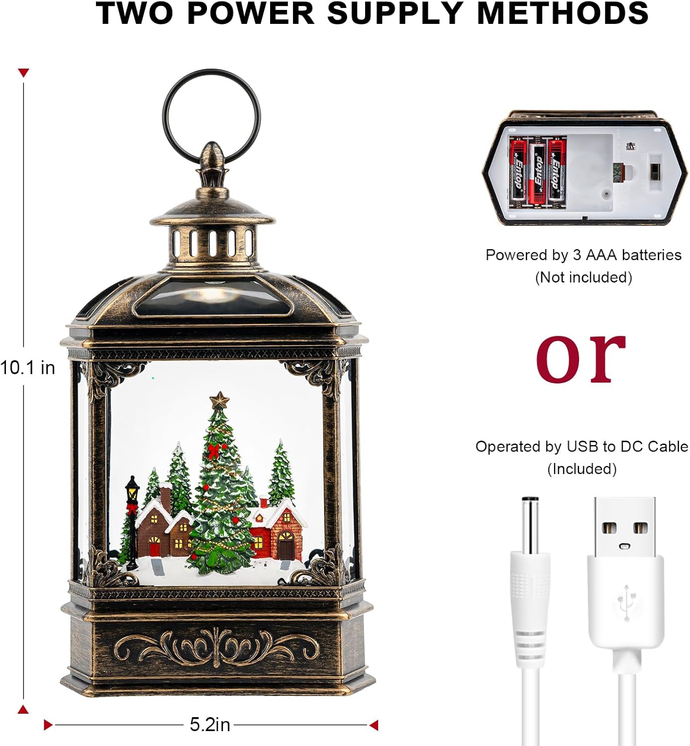 Christmas Snow Globe Lantern Water Glittering Xmas Village with Music & Timer, USB Lined/Battery Operated Lighted Lantern for Christmas Festival Decoration Gifts