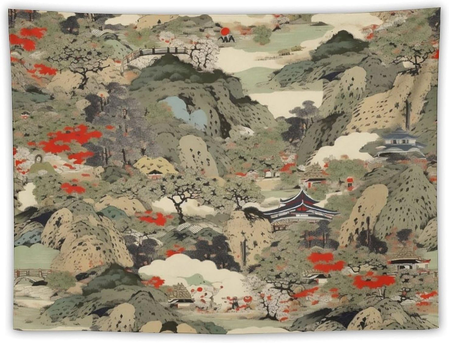 Asian Tapestry, Japanese Red Landscape, Bedroom & Living Room Decor, 40"x30"
