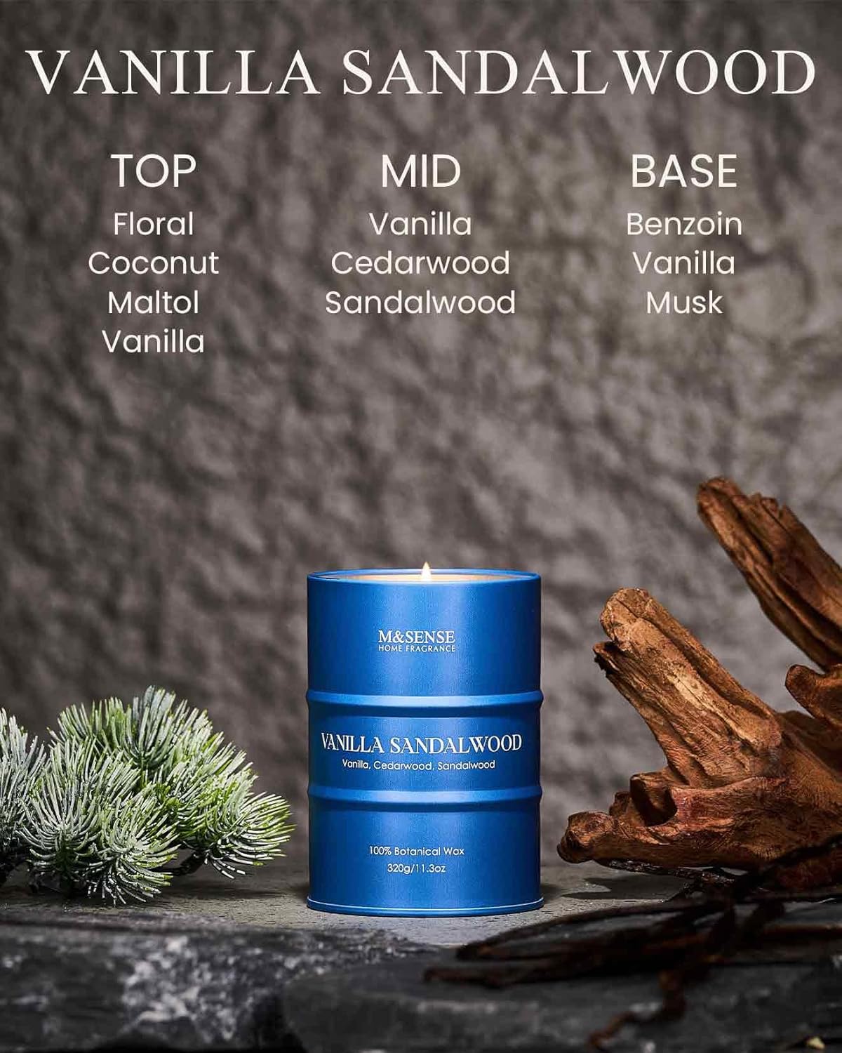 M&SENSE Vanilla Sandalwood Scented Candles Natural Non Toxic, Aromatherapy Candle for Stress Relief Meditation Relaxing, Housewarming Gifts for Women Men, 11.3oz 70 Hour Long Burning