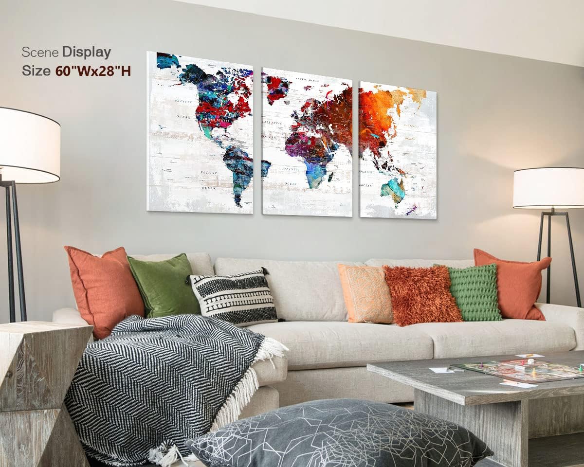 World Map Wall Art Living Room Wall Decor Office Pictures for Wall Decorations Large Abstract Art 60" W x 28" H Framed Paintings for Dining Room