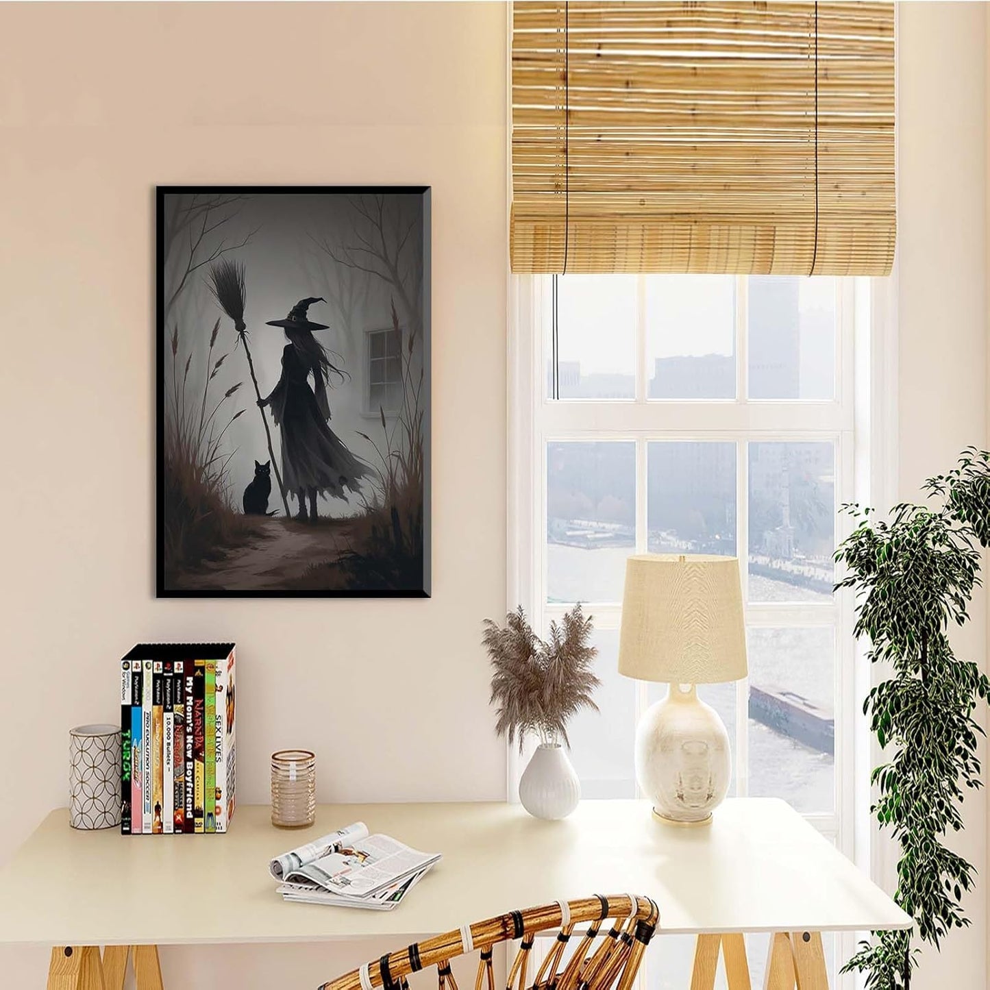 JFHCQJPK Vintage forest witch and black cat poster Halloween mural poster decoration mural art magic suitable for home living room bedroom24x36in Metal blackFramed