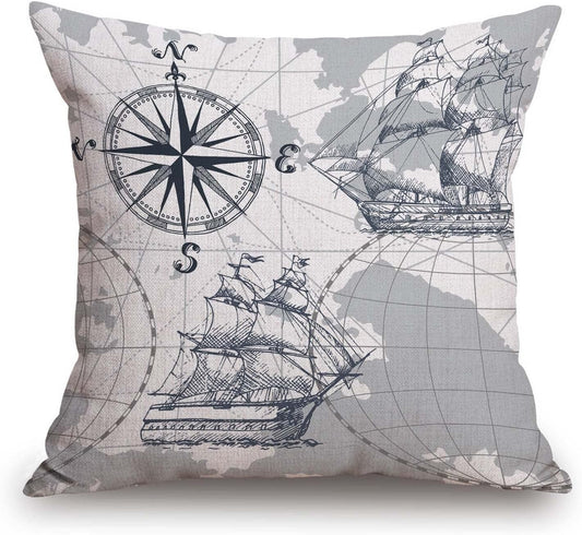 TSSOHU Nautical Sailboat Map Throw Pillow Cover Ship Anchor Cotton Linen Decorative Pillow Case Cushion Cover Home Sofa Decor 18x18 Inch Pillow Cover