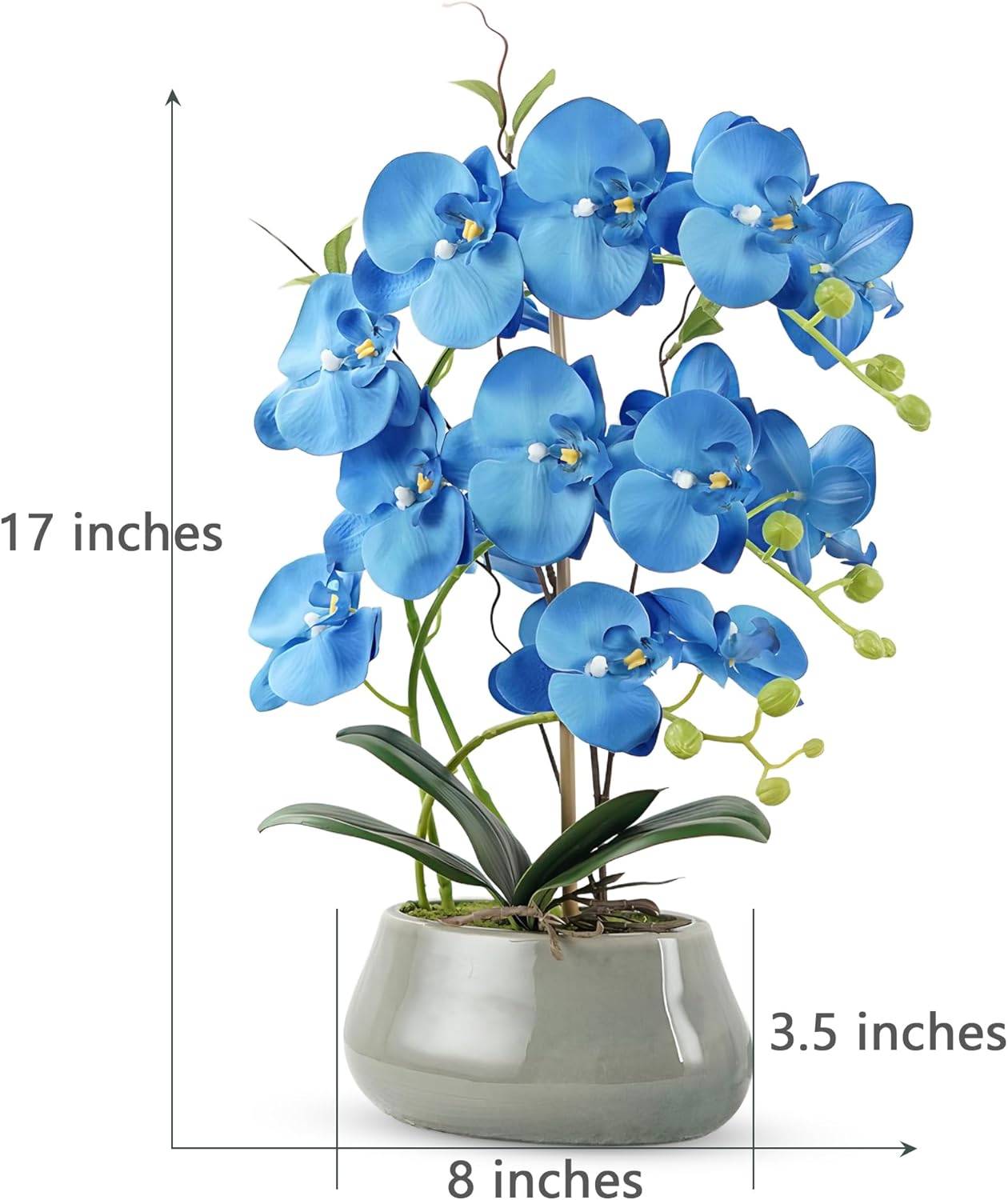 Orchid Artificial Flowers with Gray Vase Large Silk Faux Phalaenopsis Flowers for Dining Room Table Floral Centerpieces Indoor Decoration,Blue