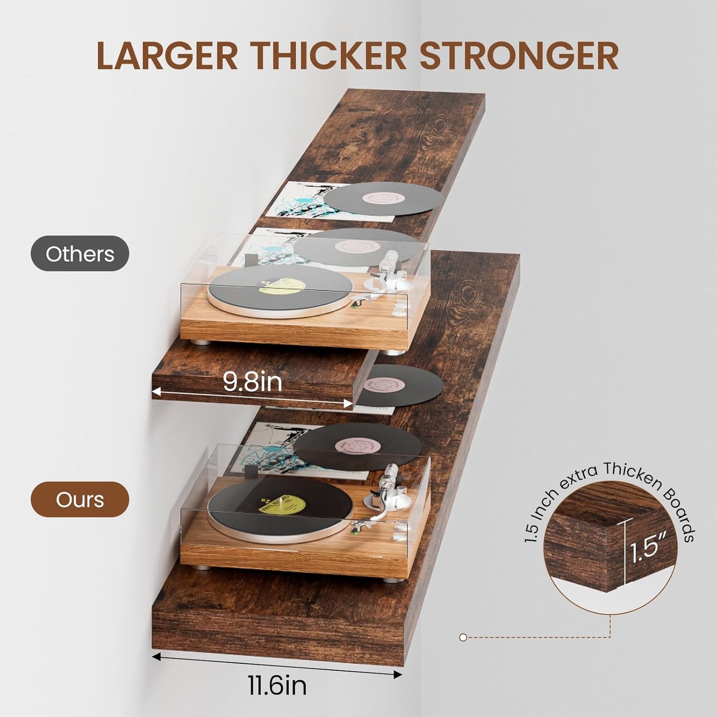 Heimlove 12 Inch Deep Floating Shelves, 55 x 12 inch Extra Long Floating Shelves for Wall, Large Display Shelf & Storage Shelf for Living Room Bedroom Kitchen Home Office, Set of 2, Rustic Brown