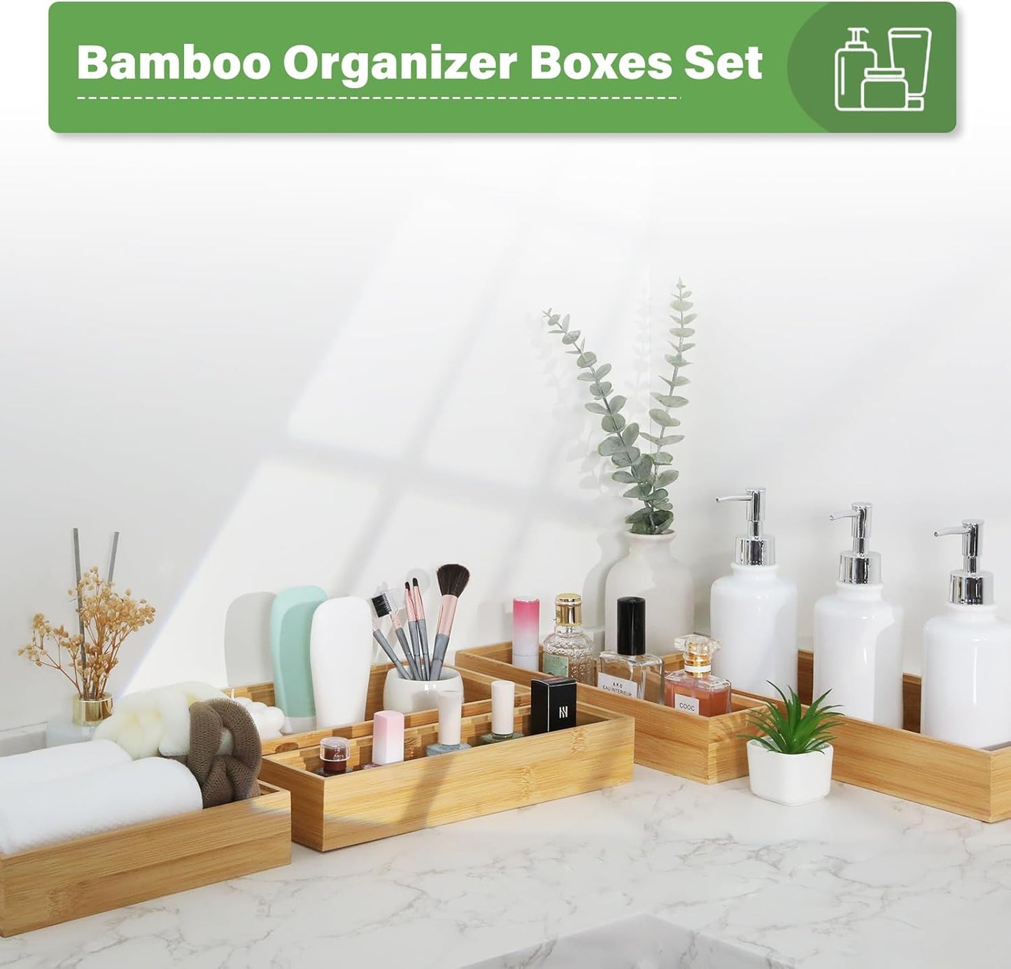 Bamboo Drawer Organizer, 2PCS Stackable Storage Boxes for Utensil Organizer, Wood Tray for kitchen, Bathroom and Bedroom 12" x 3" x 2"