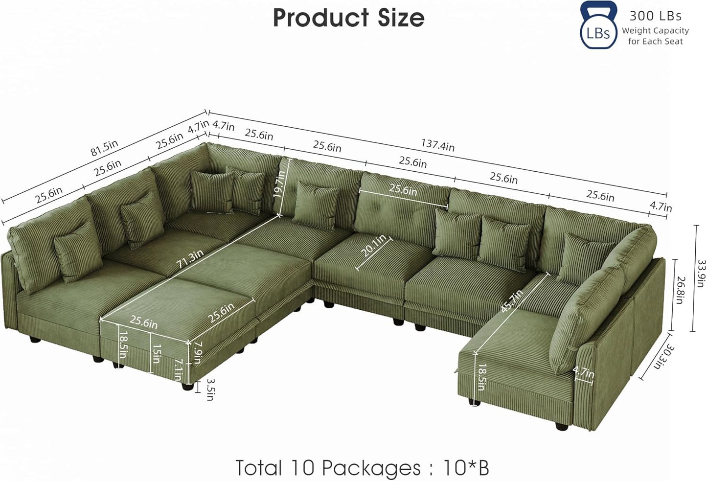 LLappuil Modular Sectional Sofa with Storage Seats, Corduroy Convertible Modular U Shaped Sectional Couch for Living Room, 10 Seat Oversized Sofa with 10 Back Cushion 10 Throw Pillow, Green