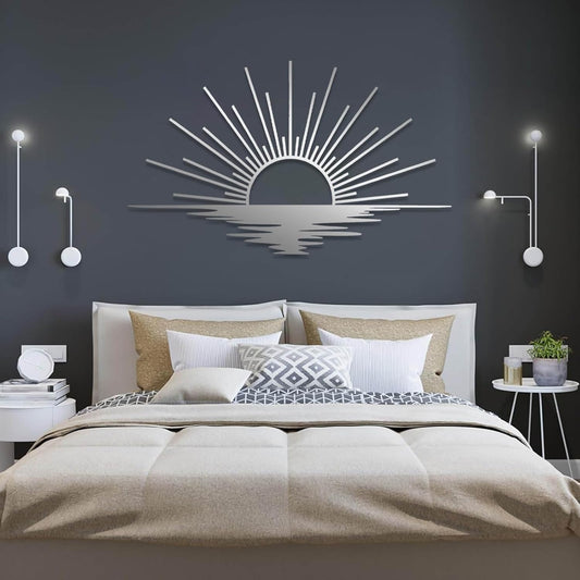 Sunrise Metal Wall Art, Metal Sun Wall Decor, Sun Outdoor Wall Art, Abstract Sunrise Wall Decor, Boho Home Hanging, Living Room Wall Hanging (Silver, 35"x21"/90x54cm)