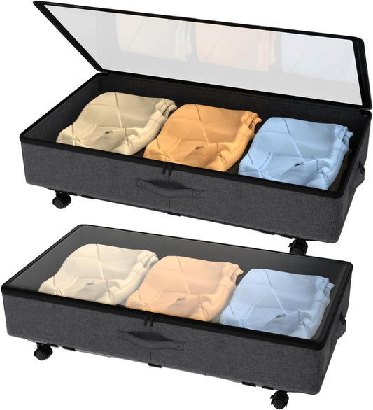 Under Bed Storage with Wheels, 2 Pack Under Bed Storage Containers with Transparent Lid, 50L Large Capacity Underbed Storage Containers, Underbed Storage Bins for Clothes, Shoes, Books, Toys, Black