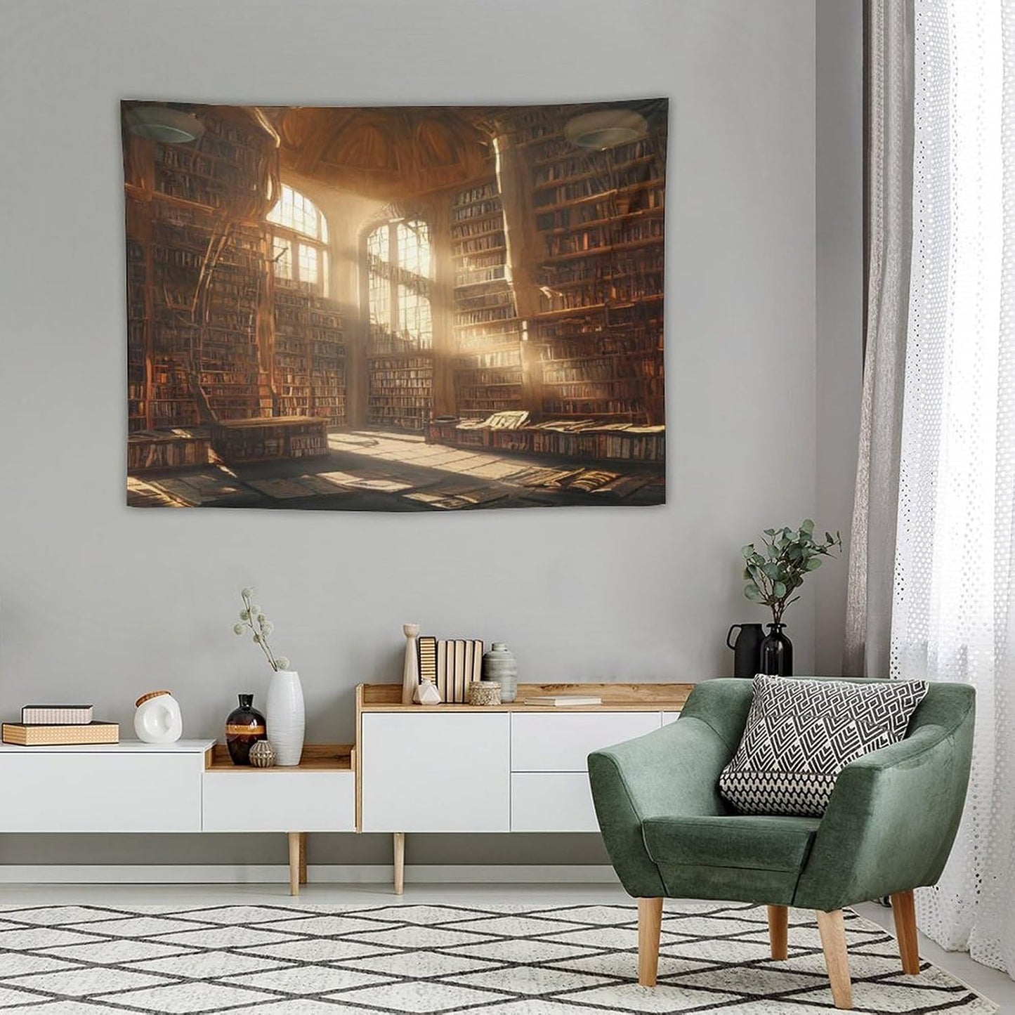 Kurtect Retro Bookshelf Tapestry,Medieval Mid Century Library Building Pattern Print Tapestries for Party Beach Picnic Blankets Tablecloths Living Room Wall Deocr, 30x40 in