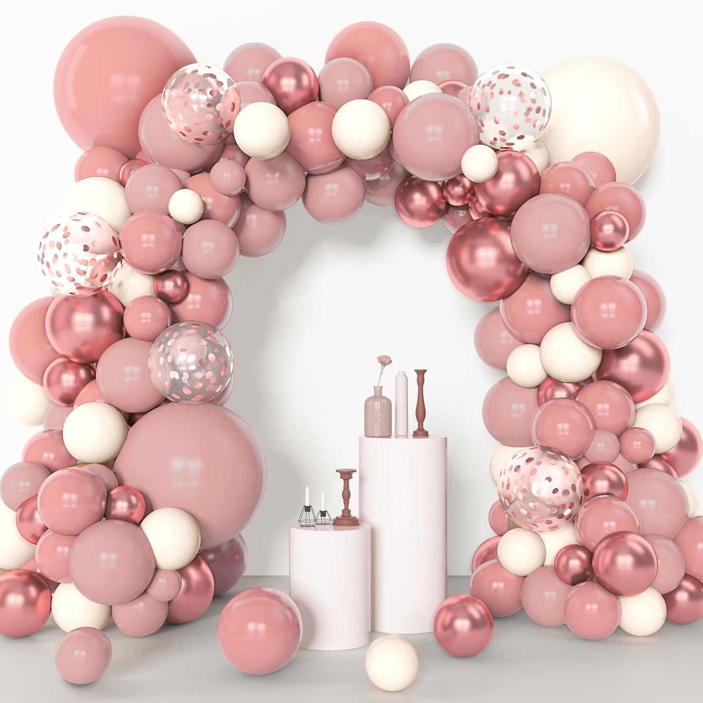 Amandir 153pcs Dusty Pink Balloon Garland Arch Kit, Different Sizes 18 12 10 5 inch Pink White Sand Metallic Confetti Pink Balloons for Girl Baby Shower Birthday Boho Party Decorations
