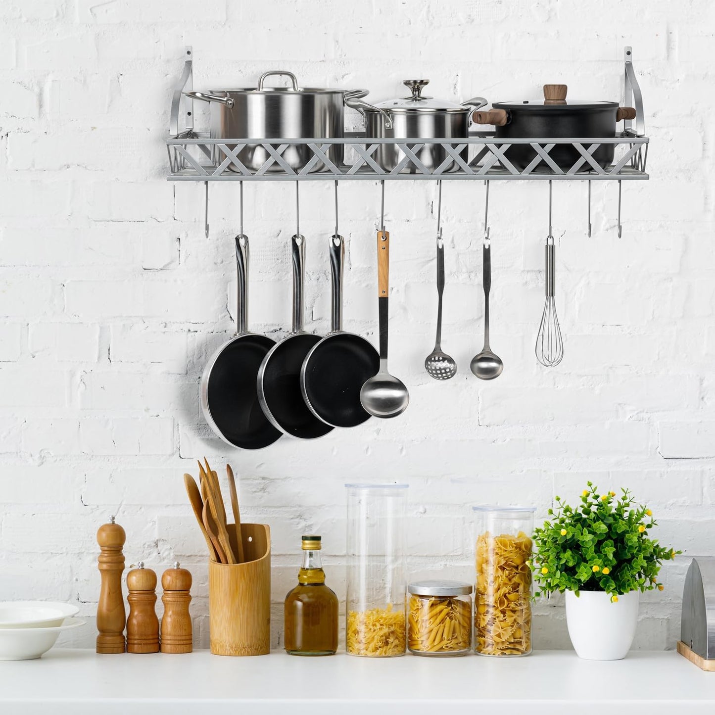 MyGift Wall Mounted Silver-Tone Metal Hanging Kitchen Pots, Pans and Utensils Storage Cookware Rack with 12 Removable S-Hooks and Top Display Shelf for Condiments Spice Rack