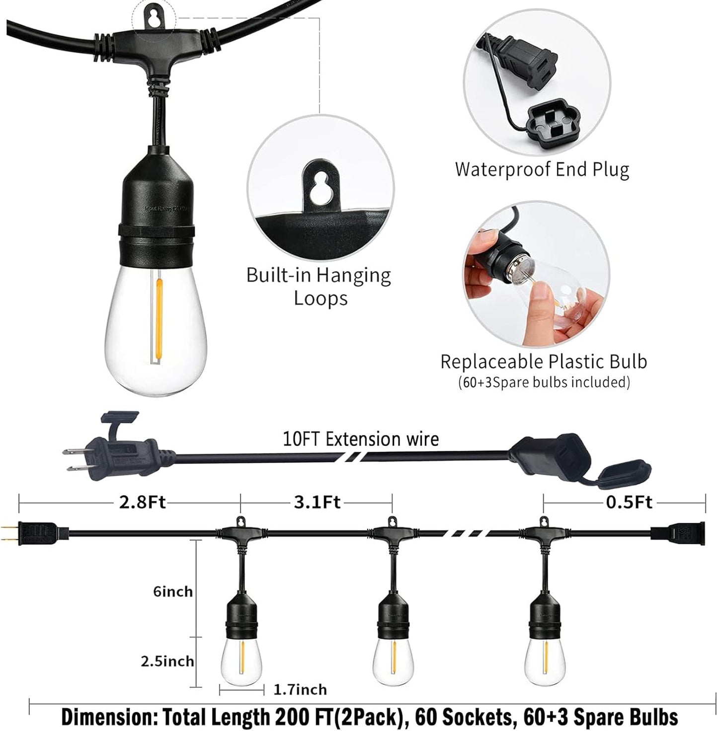 200FT String Lights for Outside LED Patio Lights Outdoor Waterproof with 63 Shatteproof Edison Lights Outdoor String Lights 2200K for Patio Gazebo Pergola Café