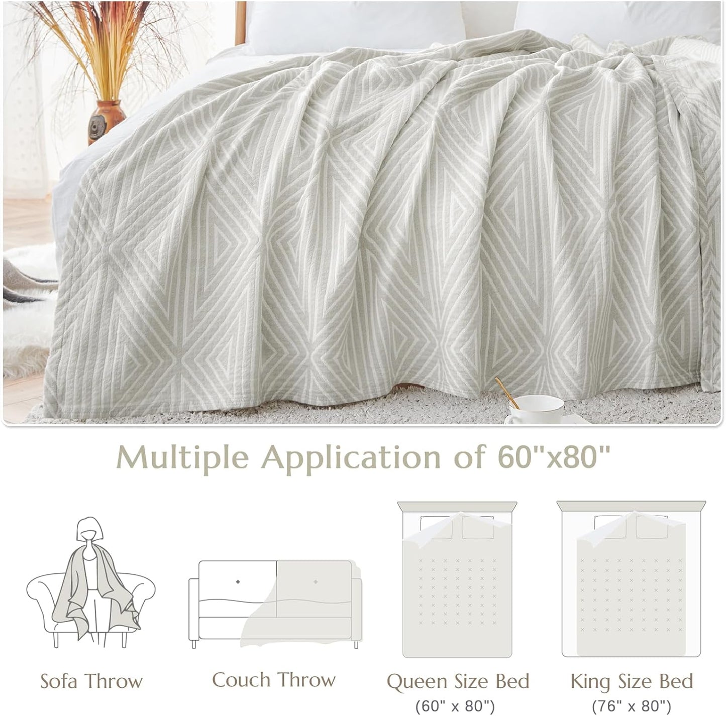 jinchan Boho 100% Cotton Blanket Muslin Twin Size 60x80 Inches Lightweight 3-Layer Geometric Triangle Striped Reversible Quilt Throw Soft Breathable Comfy All Seasons for Couch Bed Decor, Light Grey