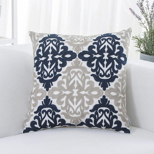 HWY 50 Navy Blue Decorative Throw Pillow Covers 18x18 Inch (1 Piece), Embroidered Cotton Farmhouse Cushion Cover Pillow Case for Sofa Couch Living Room Bed Bedroon, Floral Geometric