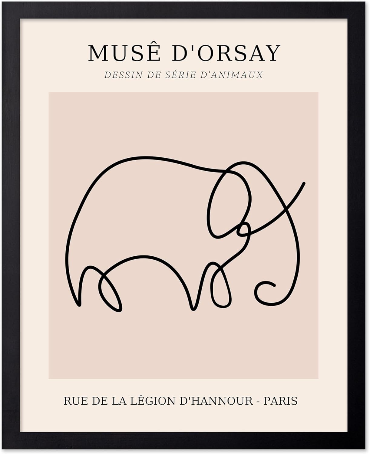 Poster Master Vintage Poster - Retro One Line Elephant Drawing Print - Elephant Art - Minimal Gift for Men, Women, Animal Lover - Abstract Wall Decor for Home, Office, 11x14 Black Framed