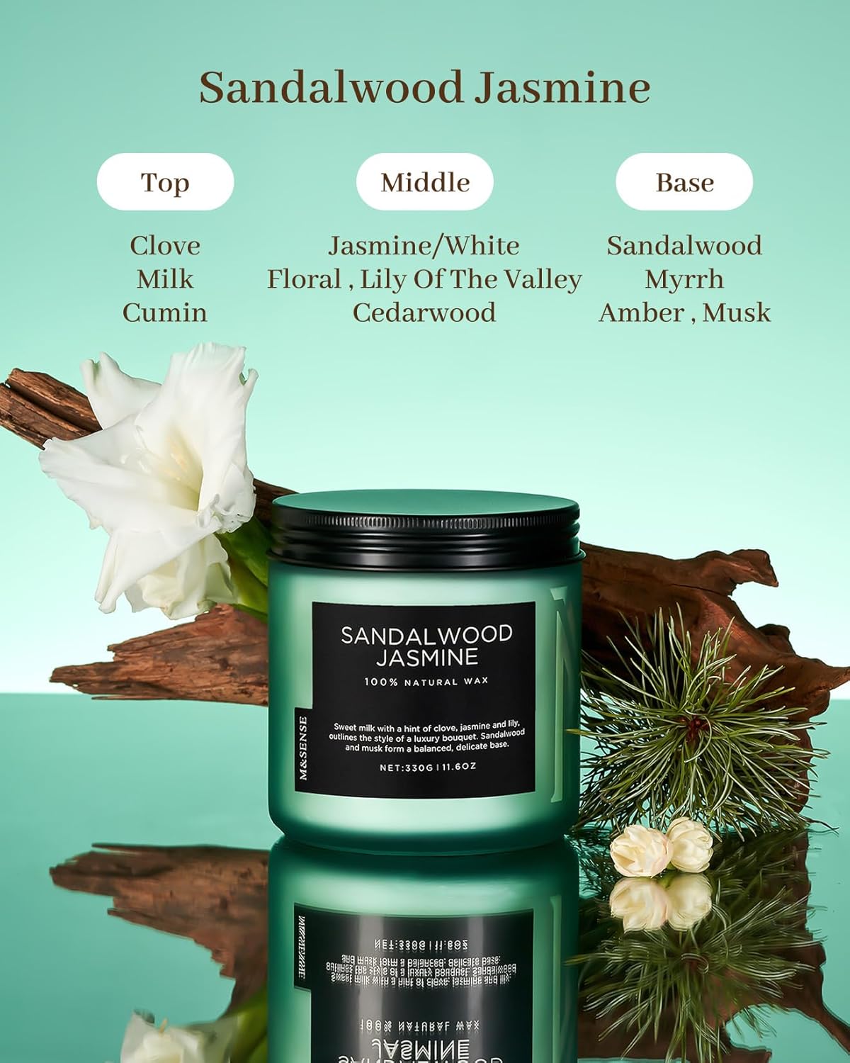 M&SENSE Sandalwood Jasmine Scented Candle, 11.6oz 70 Hours Burn Time Clean Non Toxic Natural Soy Wax Candle 2 Cotton Wick Home Decor for Mothers Day & Bathroom Bedroom