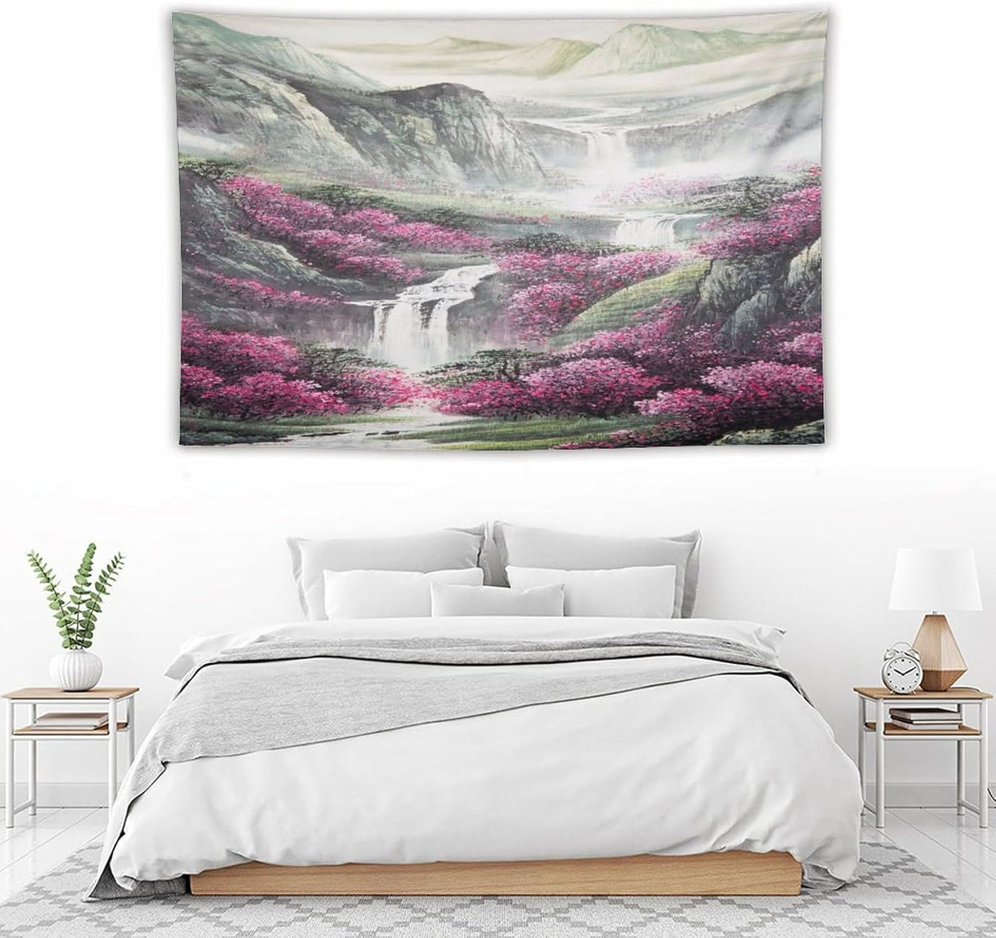 Japanese Tapestry, Red Plum Blossom Mountain Tapestry, Asian Japanese Wall Tapestry, Nature Landscape Tapestries for Bedroom Living Room Decor 90"x60"