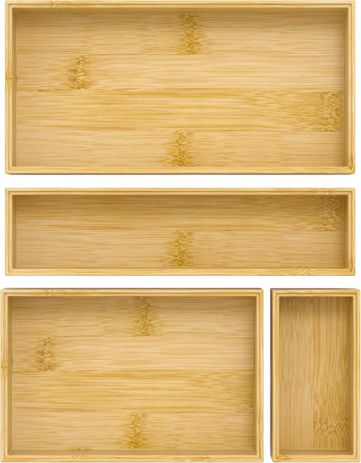 Silverware Bamboo Drawer Organizer Tray, 4 PCS Kitchen Drawer Organizer Storage for Utensil Cutlery, Bathroom, Office Desk, Makeup