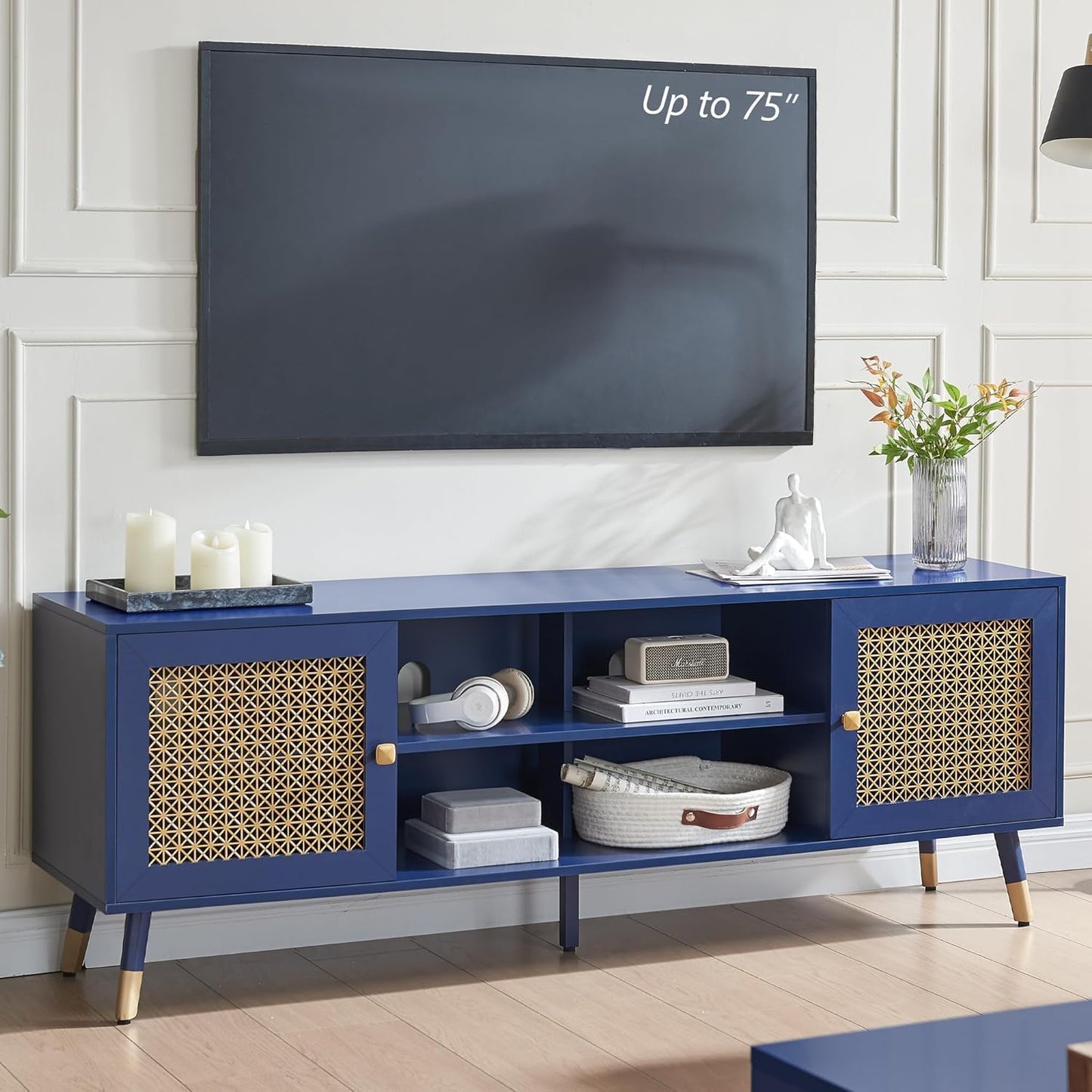 Mid Century Modern Entertainment Center, Blue TV Stand for TVs up to 75", Boho Tv Furnitures with Storage Cabinet and Shelves, Tv Console Media Center with Gold Metal Mesh Doors for Living Room
