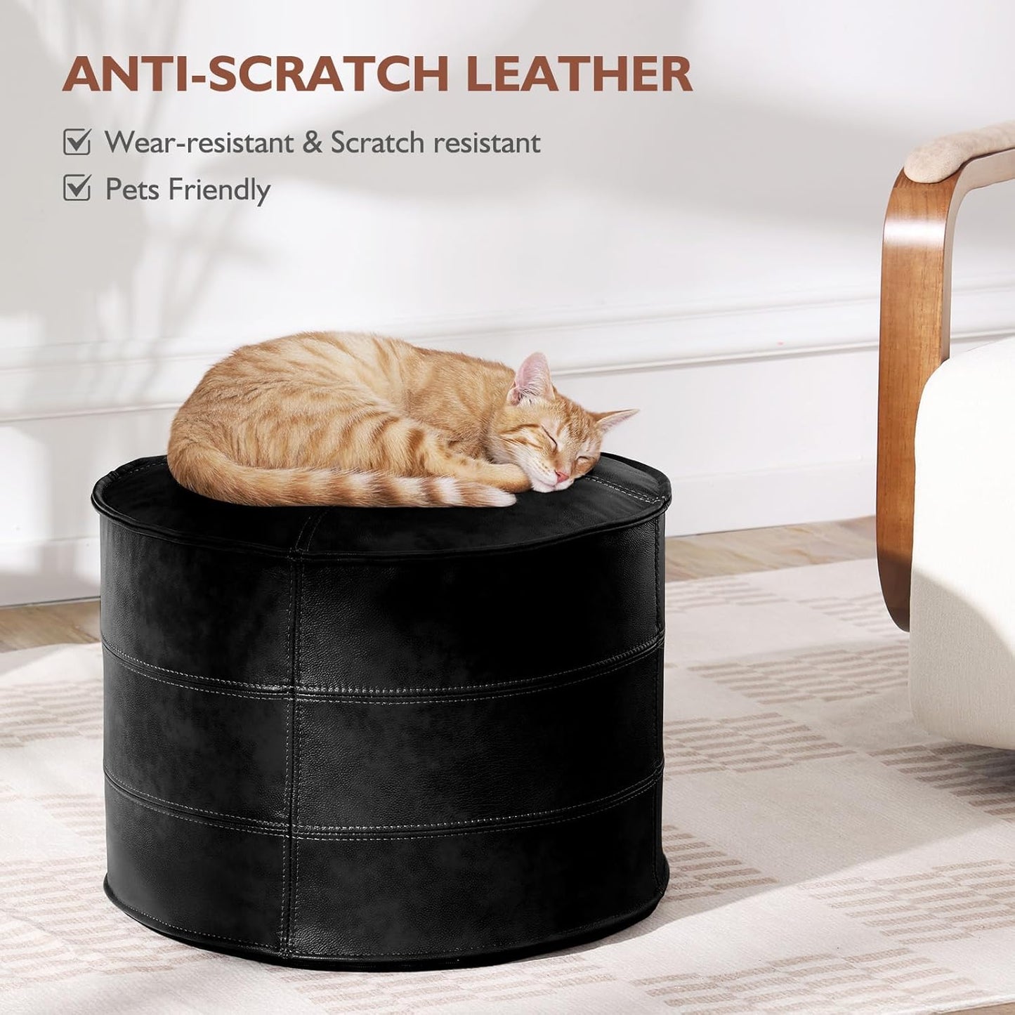 Round Leather Ottoman,Handmade Stuffed Ottoman,Genuine Leather Pouf, Foot Rest Pouf,Comfortable Soft Seating for Living Room & Bedroom (Black, Round)