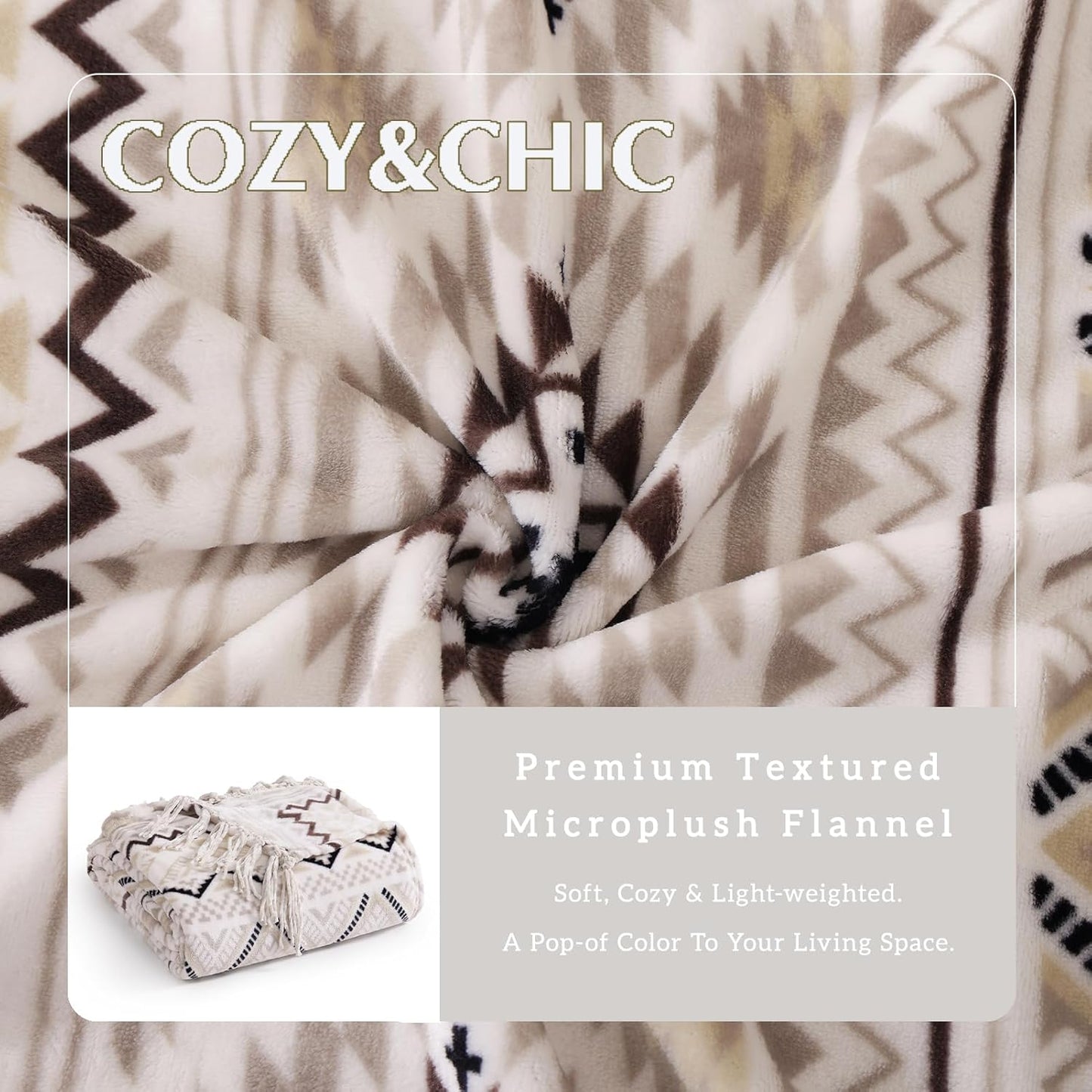 CASAAGUSTO Boho Throw Blanket - Beige and Gray Decorative Blankets with Tassel, Printed Flannel Bohemian Blanket for Chair, Bed, Sofa, Couch(60 * 80, Beige and Gray)