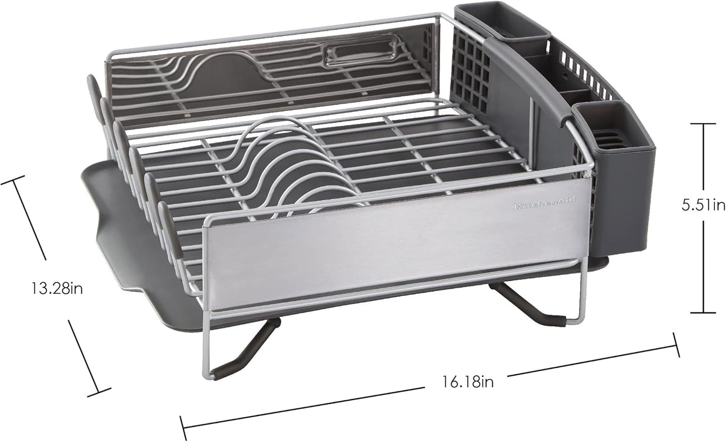 KitchenAid Compact Space Saving, Dish Rack with Removable Flatware Caddy and Angled Self Draining Drainboard, Satin Gray, 15-Inch-by-13.25-Inch