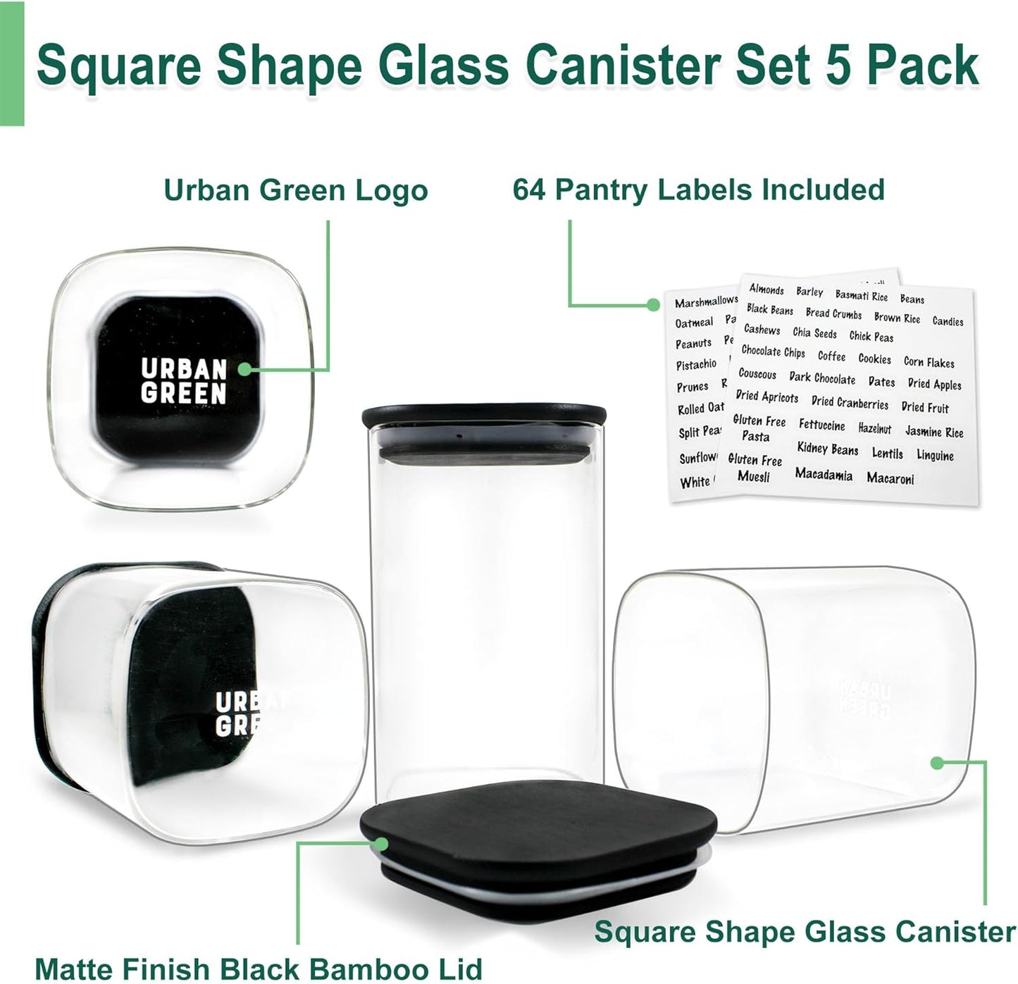 Urban Green Glass Jars with Black Bamboo Lids, food storage sets with airtight black lids, Glass Canisters Sets, Kitchen Organizing Jars (5 Sets of 27oz, 38oz, 66oz)