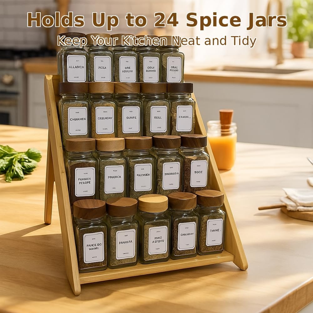 Bamboo Spice Rack Organizer - 3 Tier Foldable Wooden Spice Rack for Countertop, Cabinet & Drawer- Organic Bamboo-Extra Sturdy Wooden Spice Shelf, No Spice Jars Included