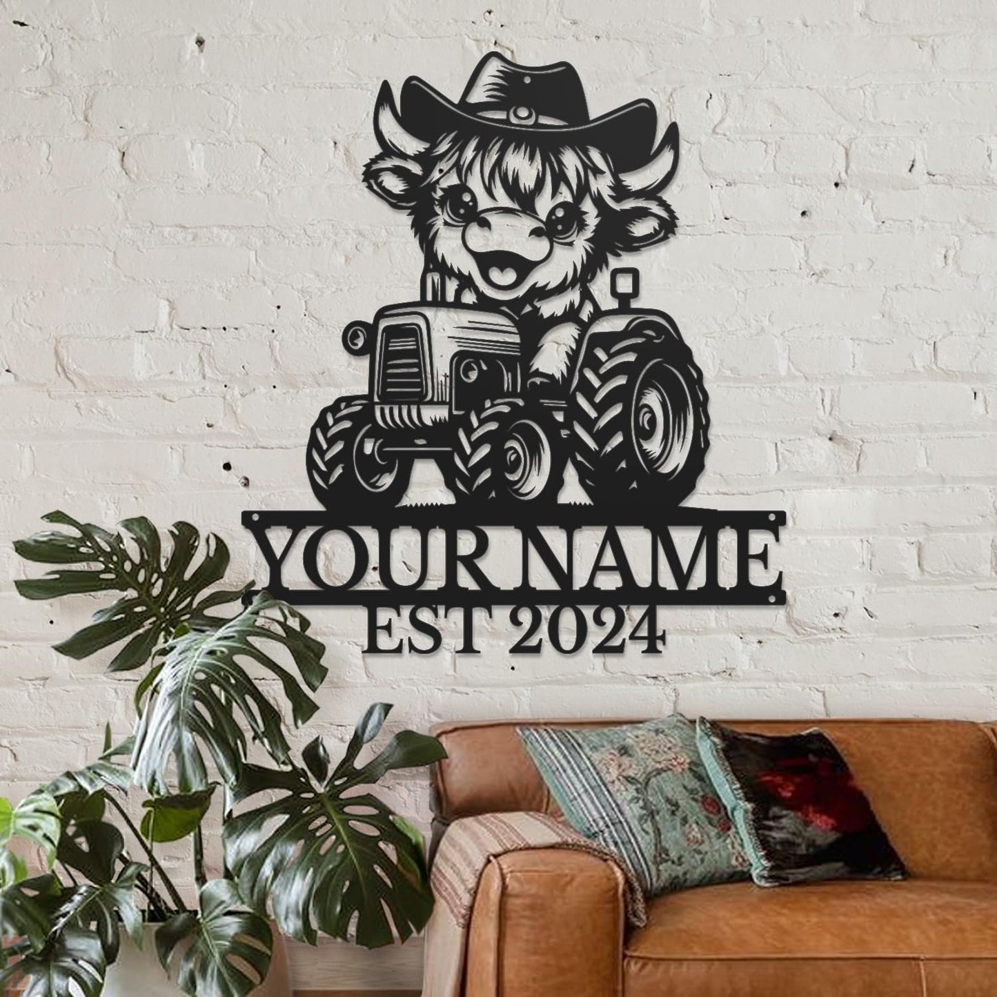 Personalized Highland Cow Name metal Signs,Custom Highland Cow Metal Shed Wall Decor,Black Metal Wall Art Plaques Outdoor wall Decorative Signage (Style B)