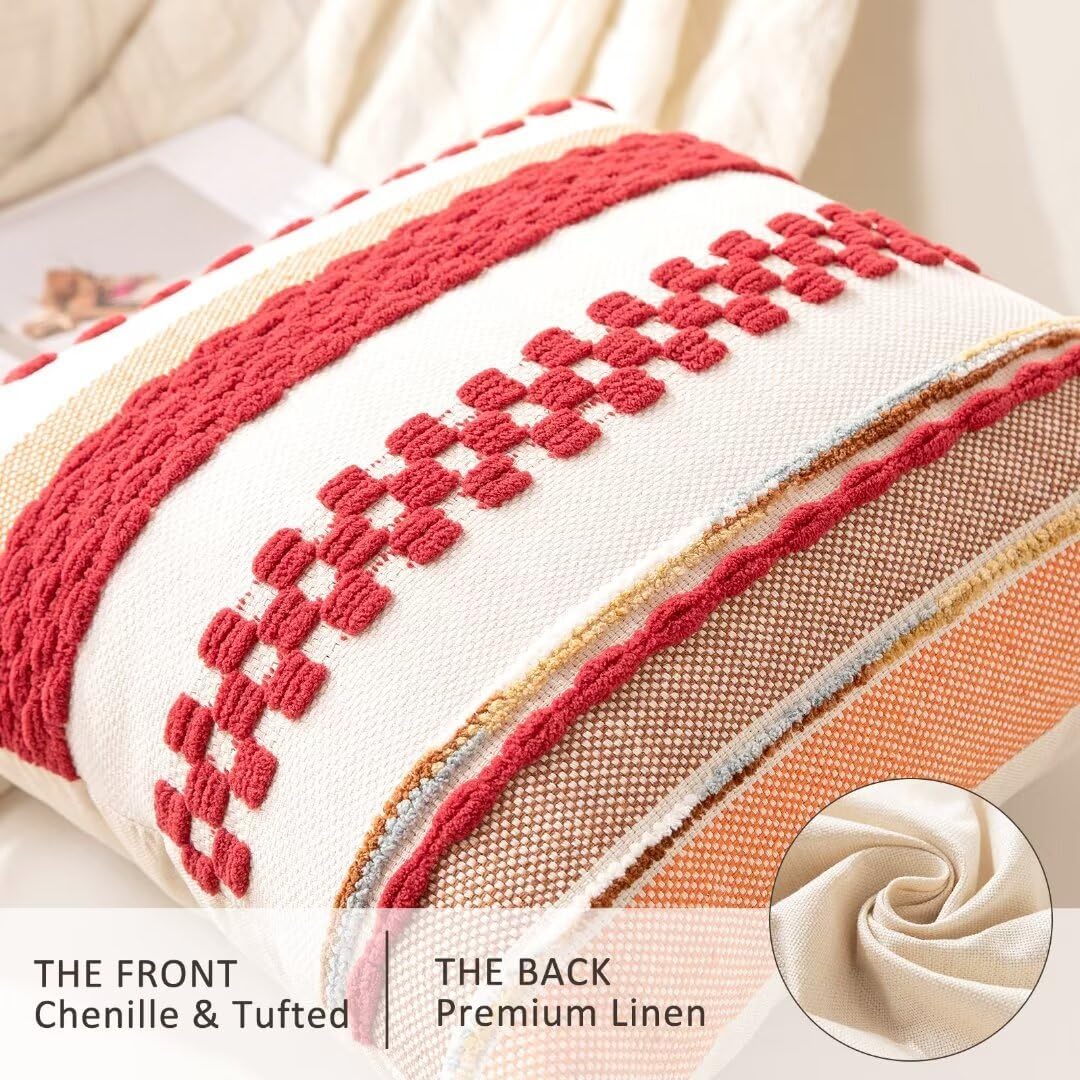 Boho Throw Pillow Covers 18x18 Set of 2 Christmas Decorative Cushion Case Striped Square Pillows Cover Chenille Pillow Cases Accent Neutral Pillowcase for Sofa Couch Bed,Red