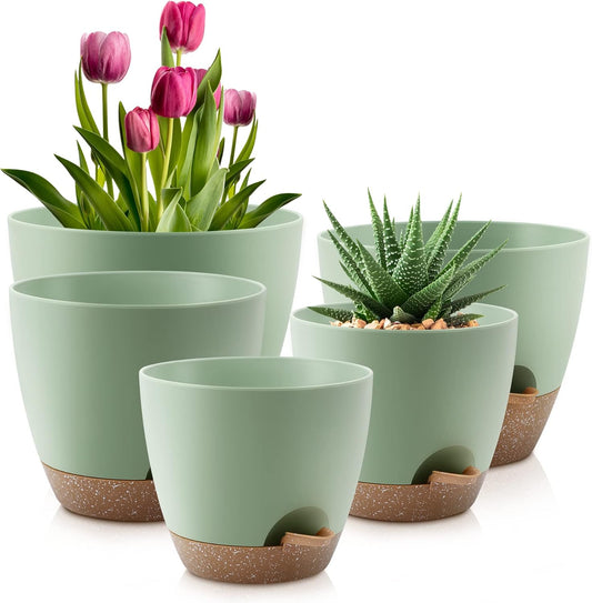 Plant Pots 10/9/8/7.5/7 Inch Self Watering Pots, Set of 5 Plastic Planters with Drainage Holes and Saucers,Plastic Flower Pots,Nursery Planting Pot for Indoor Out Door Plants（Green）