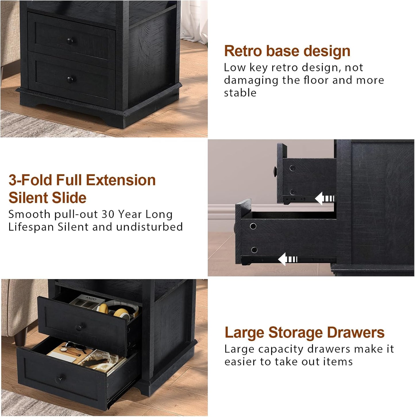 HIFYOBRO End Table with 2 Drawers and Charging Station, Type-C & USB Port & Power outlets, Wooden Storage Nightstand, Large Side Table with Storage for Living Room and Bedroom