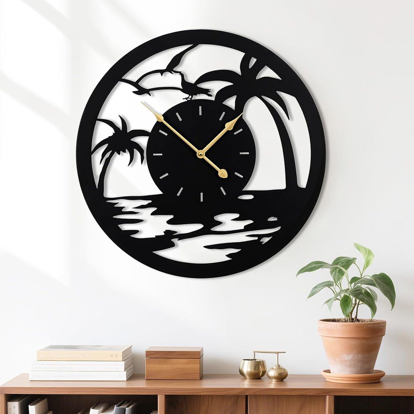 20inches/50cm Wall Clocks Palm Tree Battery Powered No Ticking Silent Round Black Modern Unique Metal Wall Clocks Suitable Living Room Kitchen Bedroom Fireplace Office Farmhouse。