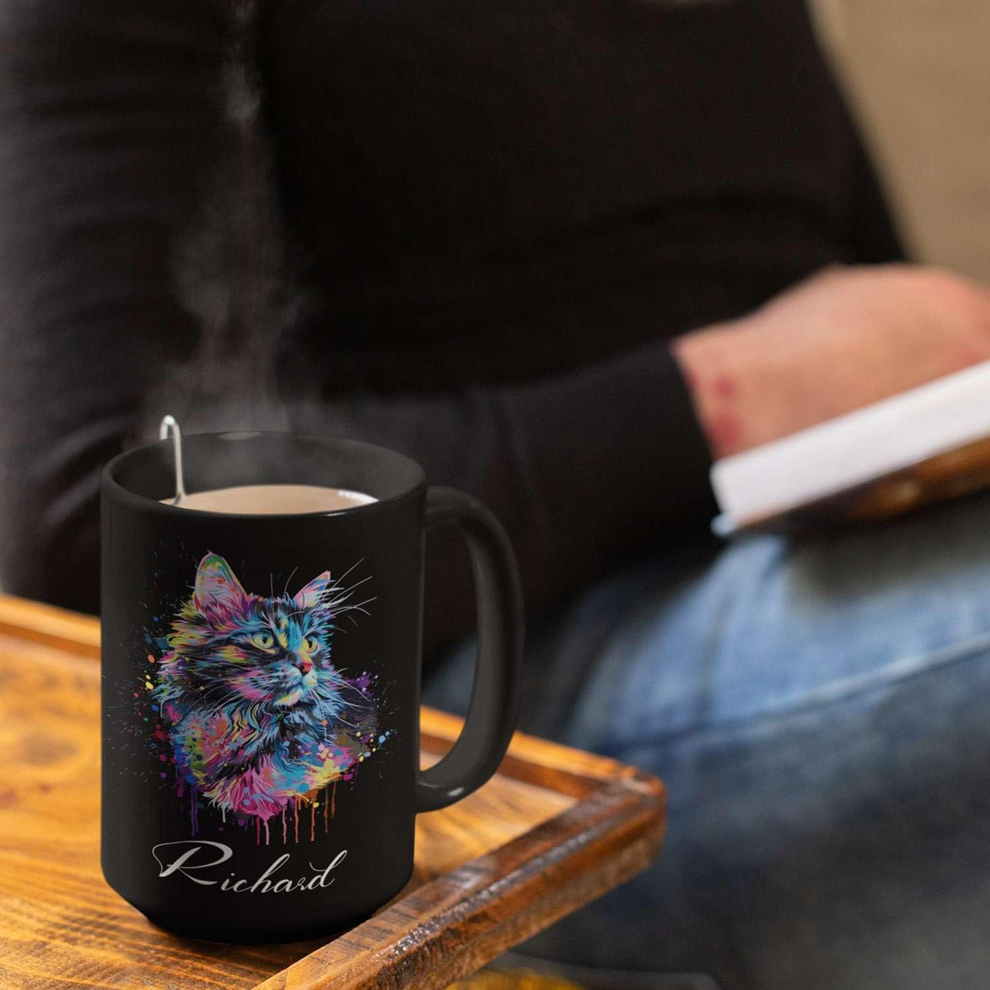 Customized Cat Ceramic Mug, Gift For Cat Pet Owner, Personalized Cat Lover Coffee Cup, Colorful Cat Design Mug For Birthday, Custom Name Cat Animal Black Cup, Unique Cat Mug 11oz 15oz