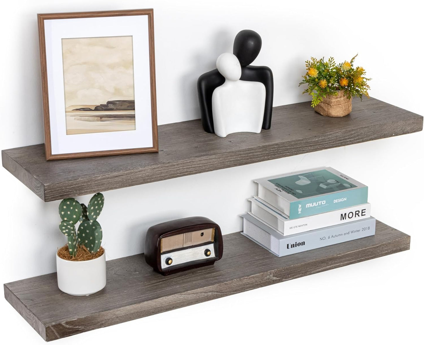 Fun Memories Floating Shelves for Wall, 36"x9.3" Rustic Solid Elm Wood Shelves, Heavy-Duty Wall Mounted Shelves with Invisible Brackets, Set of 2 for Living Room, Bedroom, Kitchen, Grey Finish