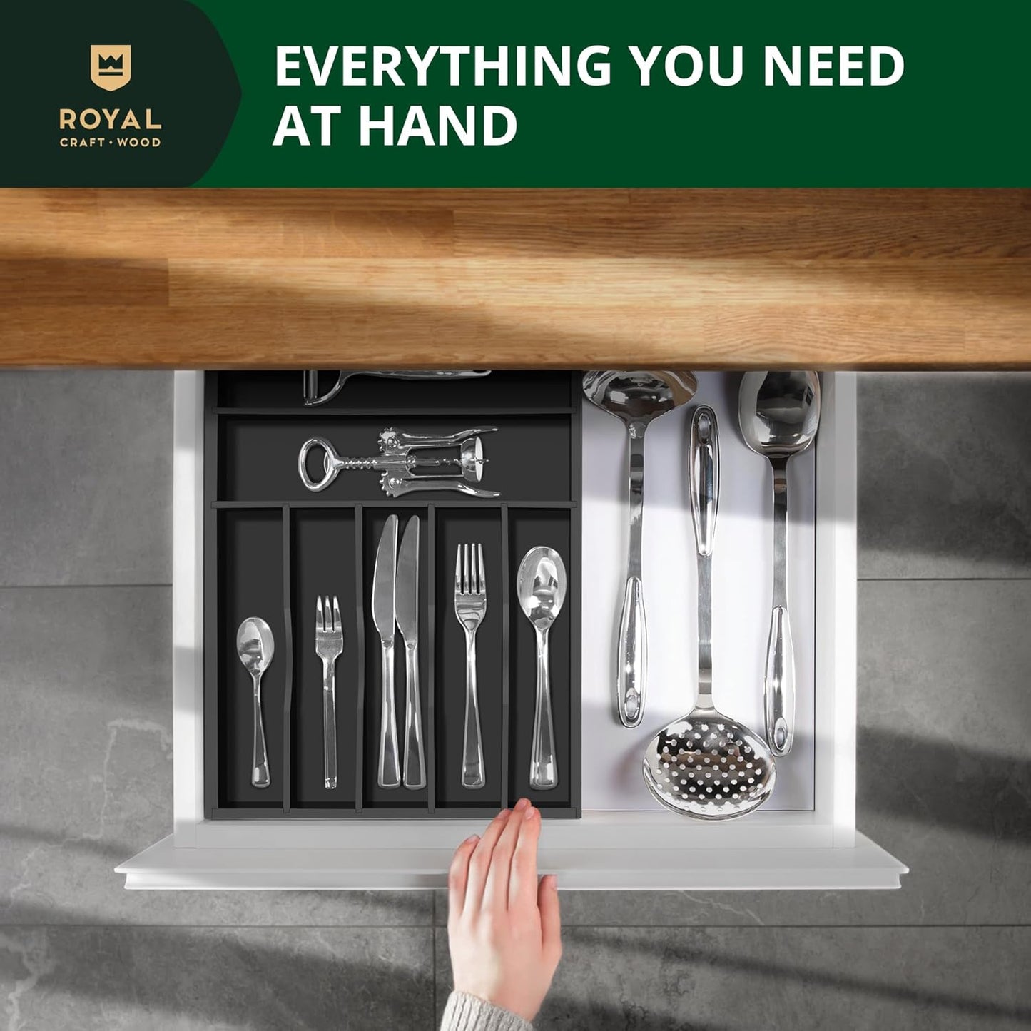 ROYAL CRAFT WOOD Luxury Bamboo Kitchen Drawer Organizer - Silverware Organizer - Utensil Holder and Cutlery Tray with Grooved Drawer Dividers for Flatware and Kitchen Utensils (7 Slot, Black)
