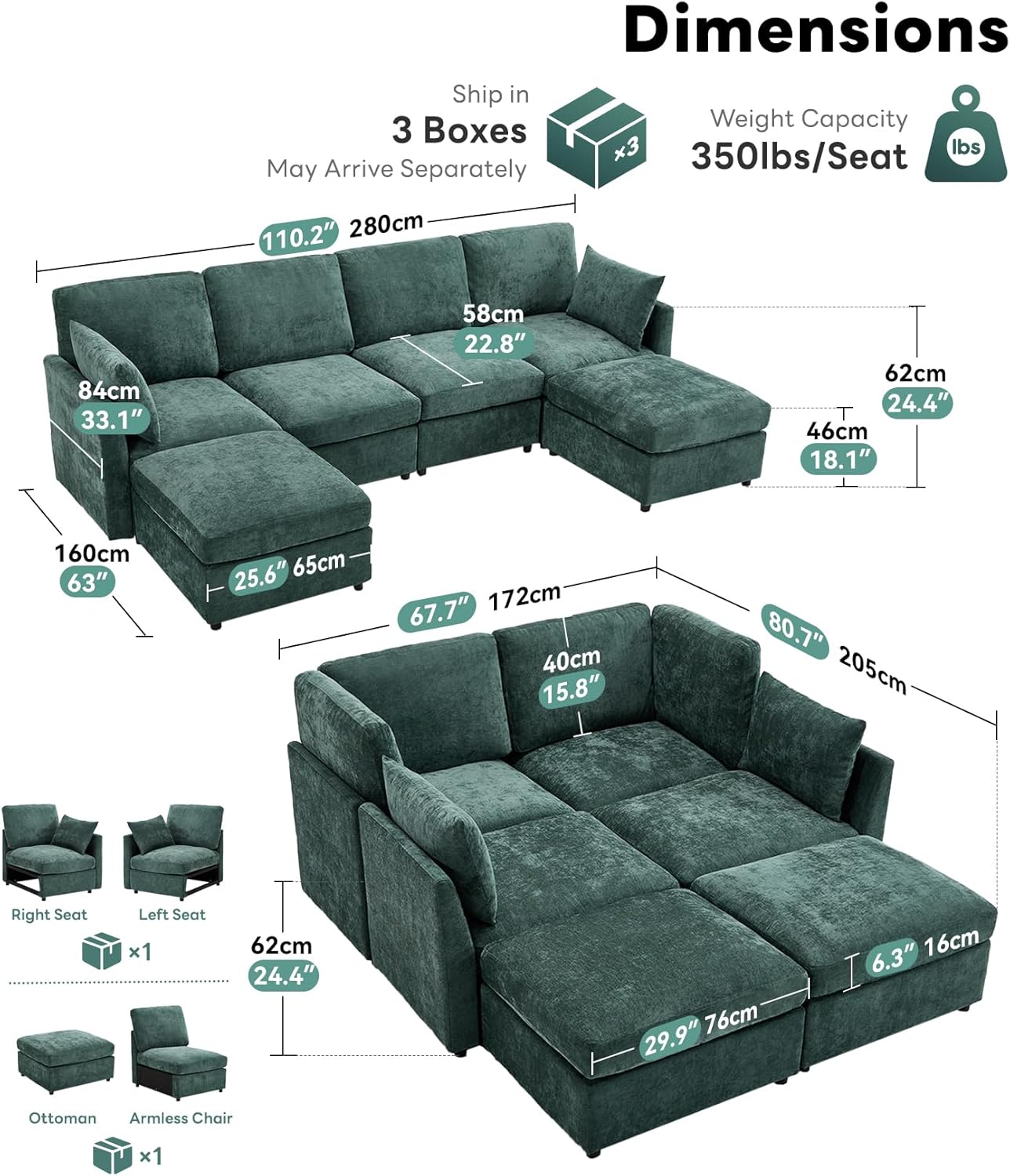 Tbfit Modular Sectional Couch, Sofa for Living Room,Chenille Cloud Couch with Ottoman 6 Seat, Green