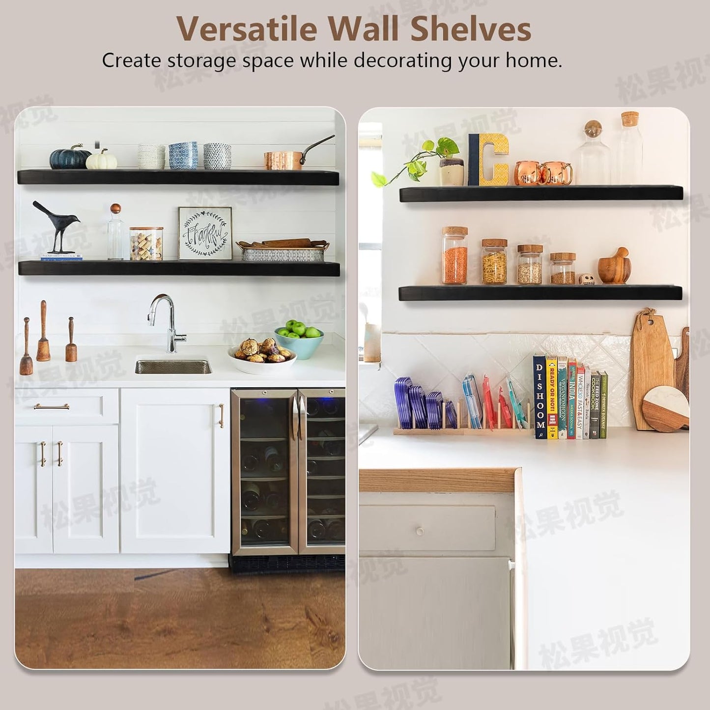 Solid Wood Floating Shelves Set of 2 - Natural, Warp & Crack Resistant 35.43 Inch Wall Shelf with Invisible Brackets Thicker, More Durable for Bathroom, Bedroom, Kitchen, Living Room (Black, 35.43)