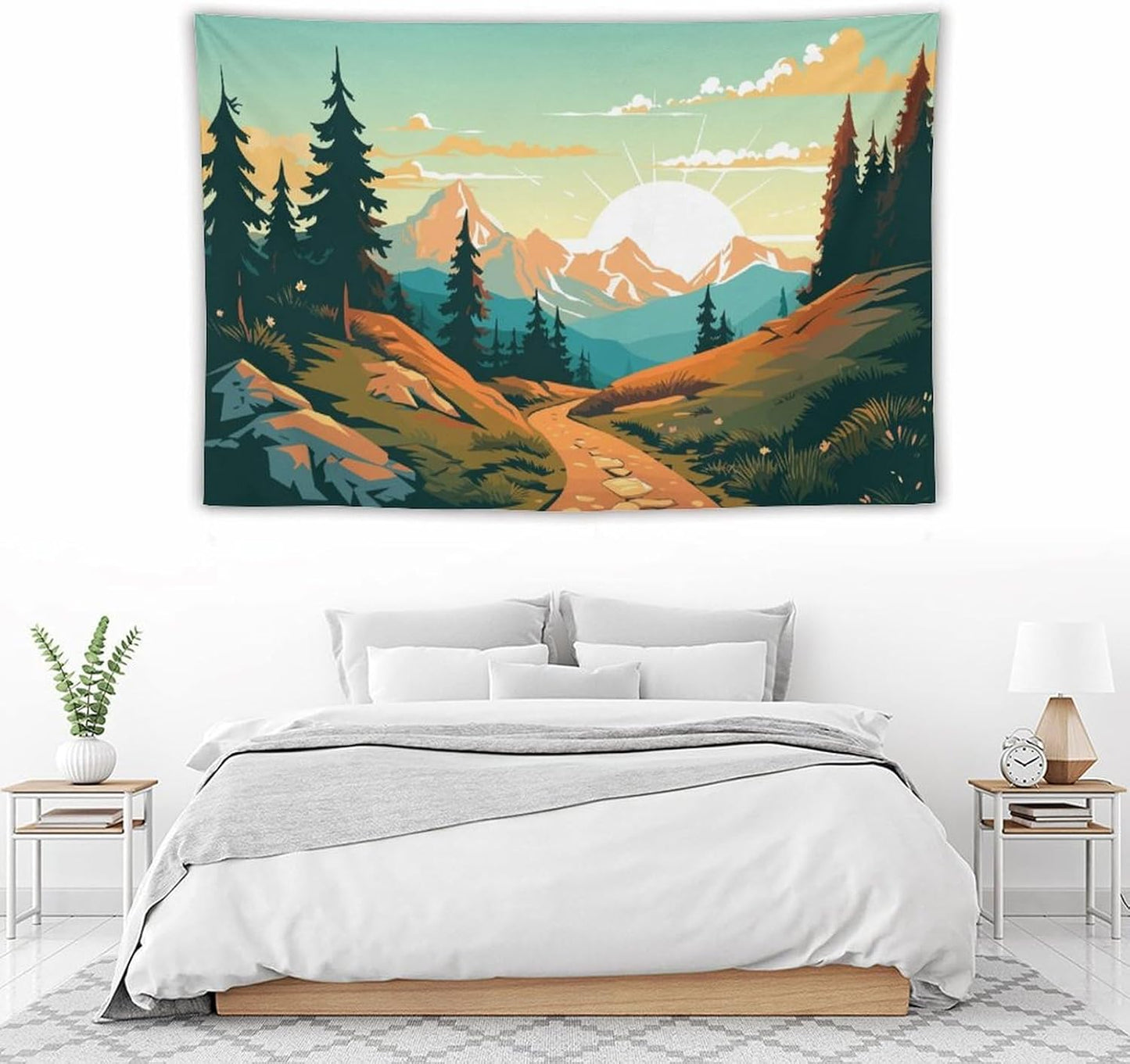 HZOHNAGO Mountain Tapestry Forest Mountain Sunrise Road Pattern Printed Wall Tapestry Wall Hanging for Bedroom Living Room Dorm 90" W x 60" H