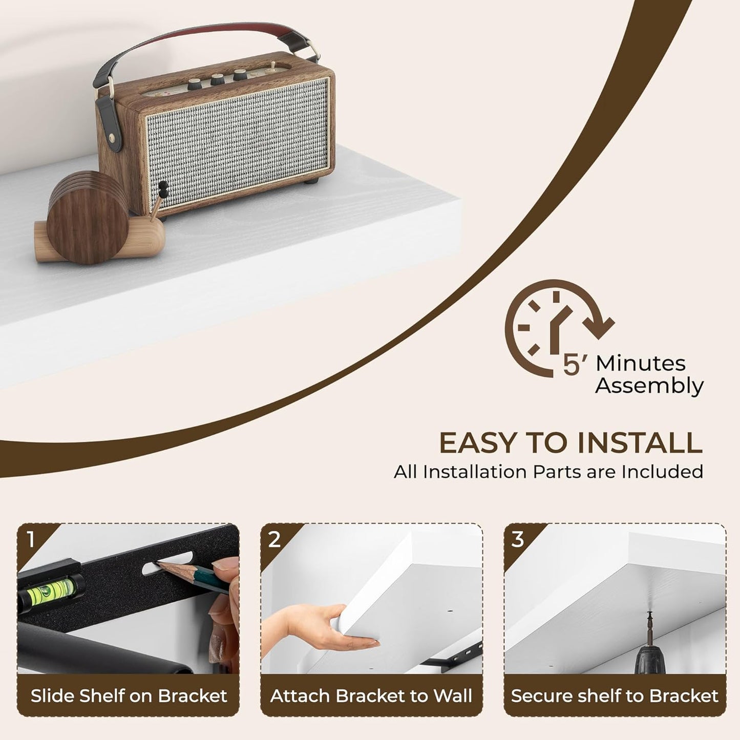 RICHFOCUS 24Inch Floating Shelves for Wall 2 Pack Shelves for Bedroom|Kitchen|Bathroom Wall Mounted Rustic Wood Floating Shelf with Invisible Brackets for Books|Storage|Decor, White