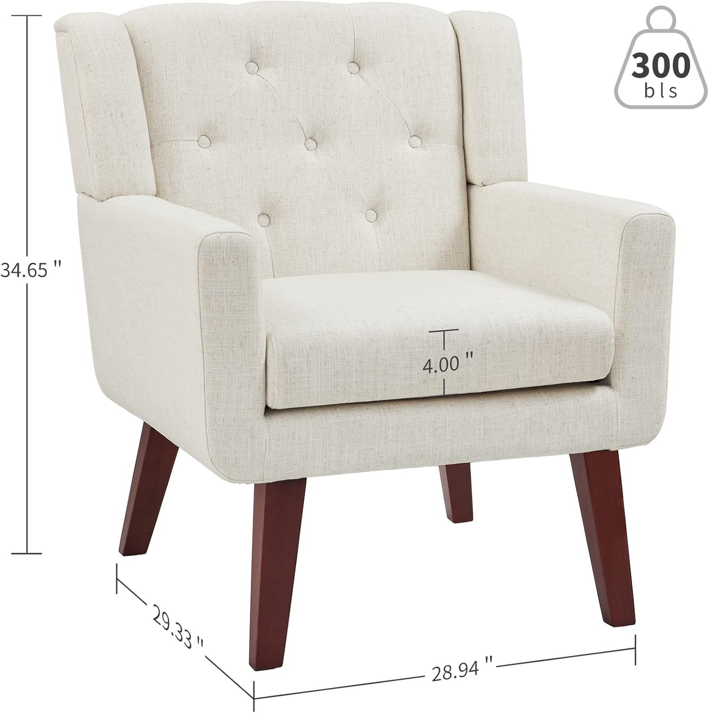 Accent Chair Button-Tufted Upholstered Living Room Chairs Comfy Reading Chair Mid Century Modern Chair with Linen Fabric Lounge Arm Chairs for Living Room Bedroom (Beige Set of 2)