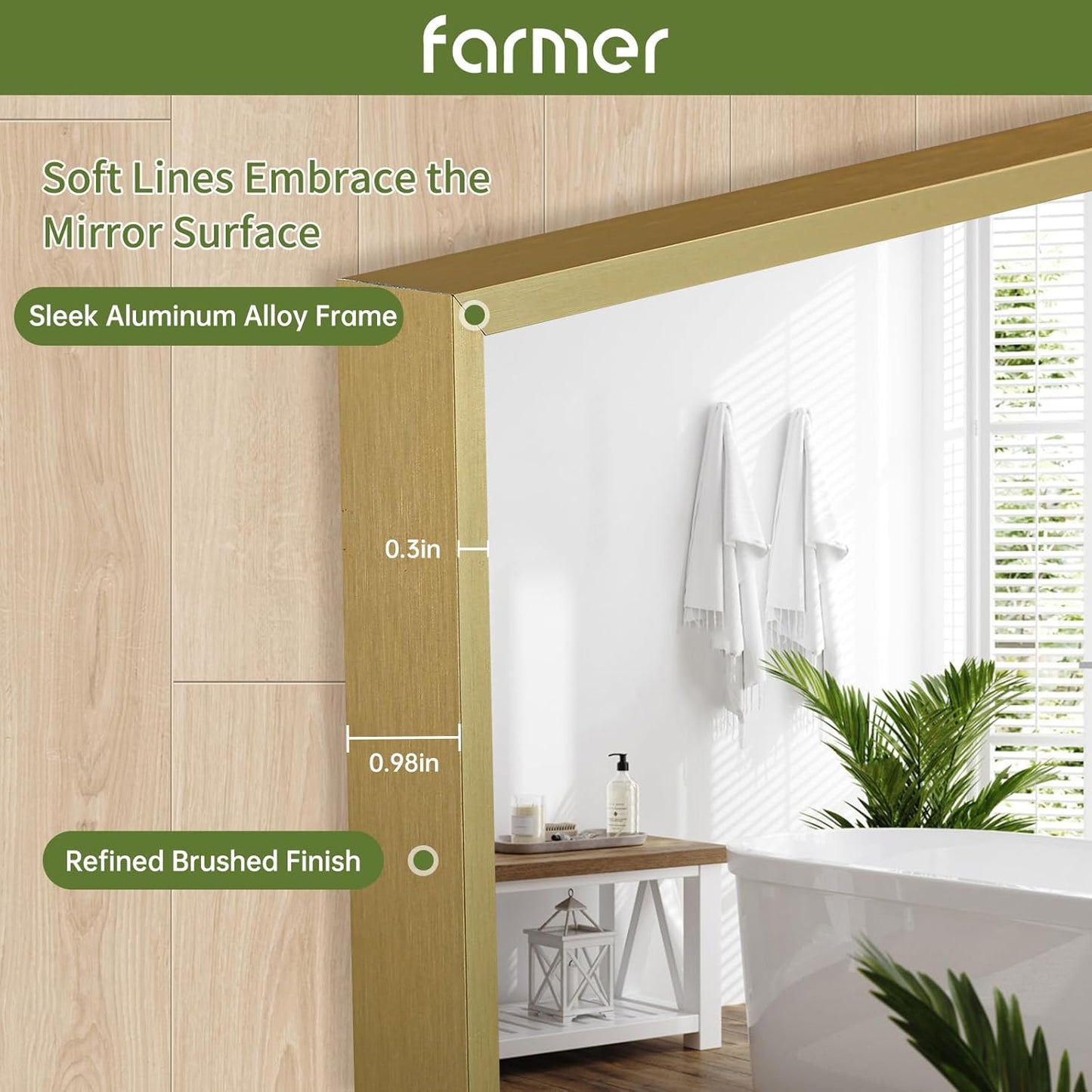 FARMER 20x30 Inch Gold Bathroom Mirror, Rectangle Wall Mounted Mirror, Vanity Mirror, Brushed Square Mirror, Framed Bathroom Mirror for Bedrooms, Entryways, Living Rooms, Horizontal/Vertical