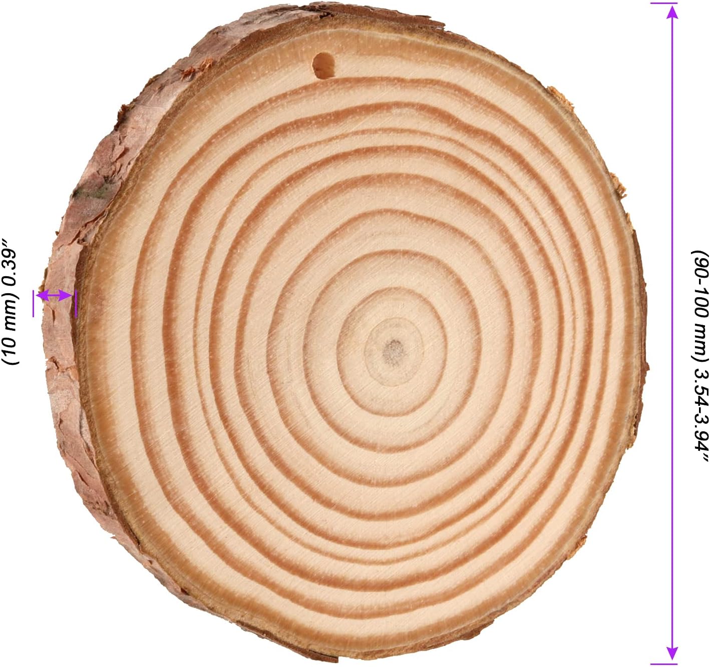 JOIKIT 50PCS 3.5-4 Inches Natural Wood Slices with Pre-drilled Hole, 2/5" Thick Round Ornaments Unfinished Wood Circles Bulk with Bark for Craft Arts, Christmas, DIY Painting, Wedding Decorations