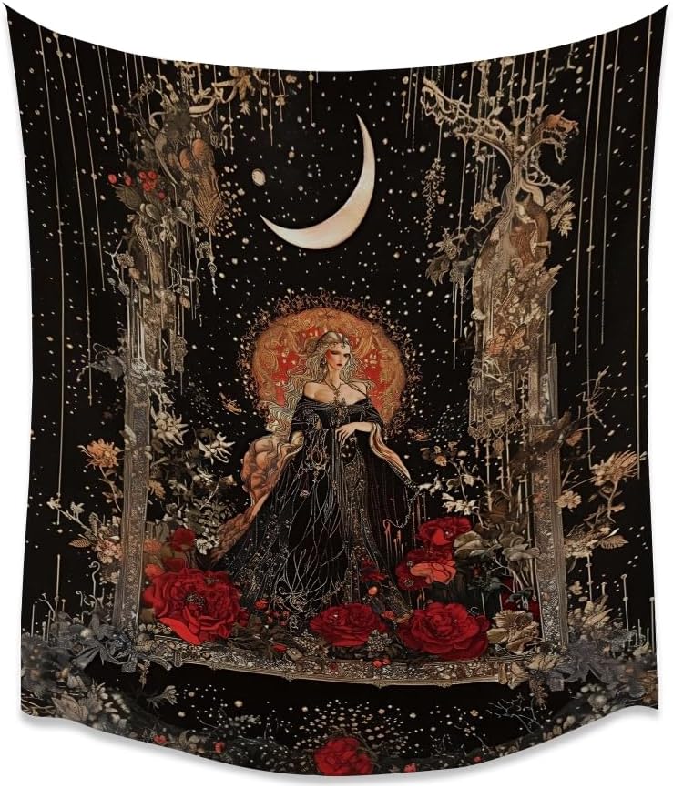 Dark Academia Moon Goddess Tapestry Gothic Fantasy Rose Wall Art Mystical Witchy Woman Print Victorian Artwork Aesthetic Tapestries Wall Hanging for Girls Room Bedroom Decor 50x60inch